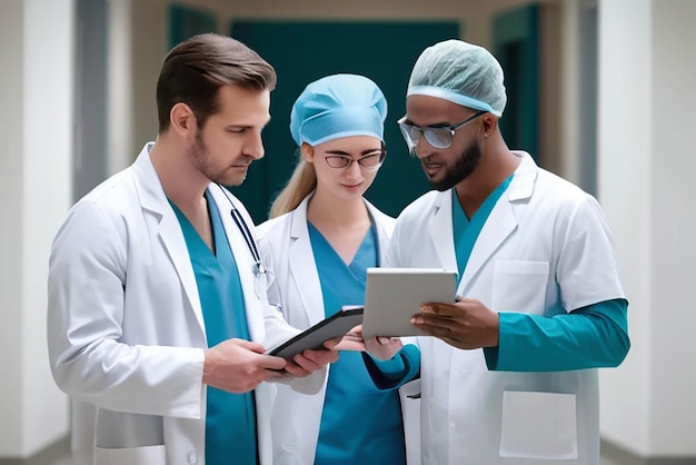 Teamwork discussion or medical students walking or planning a surgery strategy in collaboration Internship doctors or young surgeons with tablet talking working or speaking of hospital healthcare