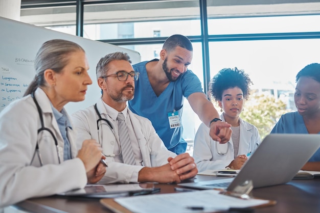 Teamwork diversity and doctors in a meeting planning a surgery strategy in collaboration together on laptop in an office Medical healthcare workers in conversation about cardiology report review