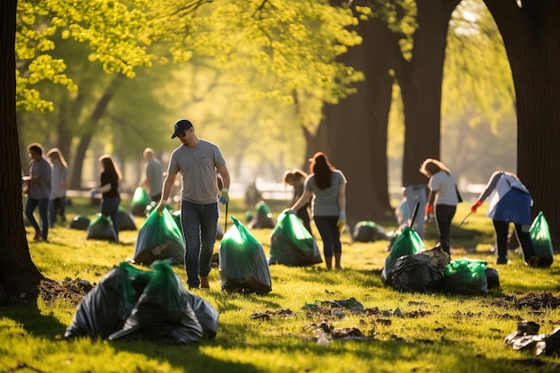 Photo teamwork of environment conservation volunteer help to picking plastic and foam garbage on park area