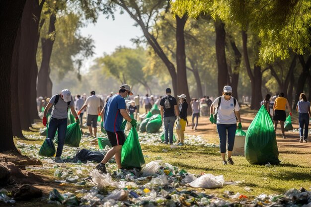 Teamwork of environment conservation volunteer help to picking plastic and foam garbage on park area