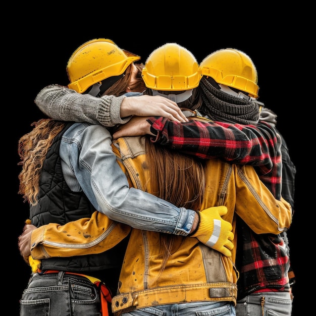 Teamwork among helmeted construction workers