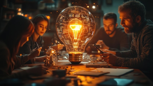 Photo teamwork and inspiration a group of individuals working together illuminated by a glowing light bulb symbolizing innovation and creativity