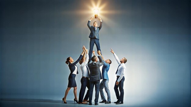 Photo teamwork success business people holding up colleague with lightbulb