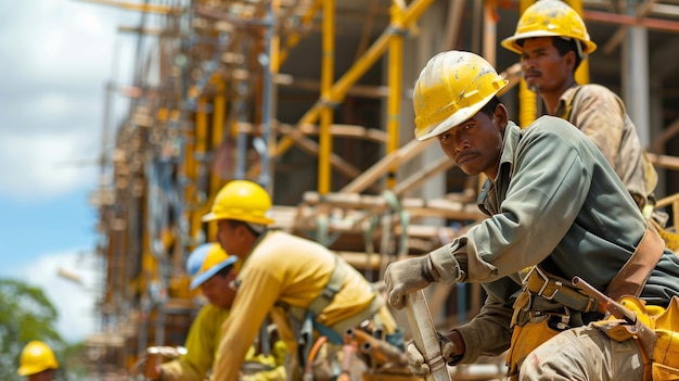 Teamwork Under the Sun Construction Workers in Clean Yellow Helmets Embrace Relief and Joy