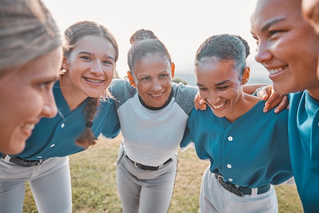 Teamwork support and sports with women baseball athlete in planning crowd for collaboration community and strategy Vision motivation or training with group of softball player for success exercise