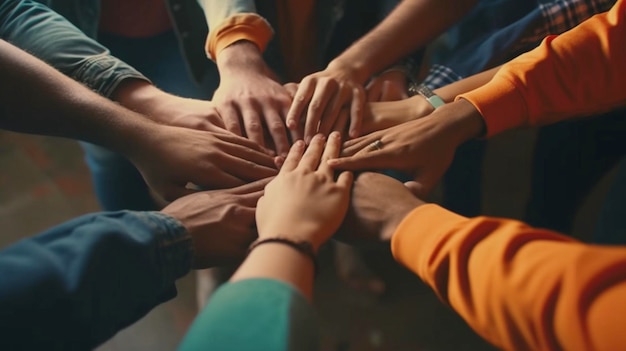 Teamwork unity concept group of friends put their hands together Generative AI