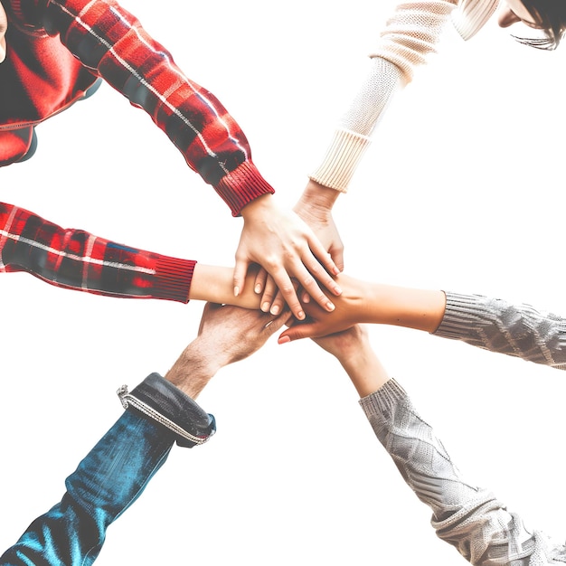 Photo teamwork unity concept group of friends put their hands together with copy space isolated on