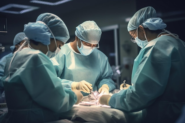 Teamwork view of surgeons performing lifesaving surgery in hospital operating room