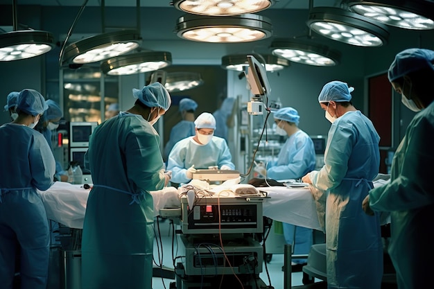 Teamwork view of surgeons performing lifesaving surgery in hospital operating room