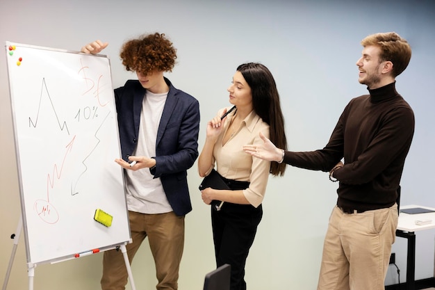 Teamwork young people manager standing discussing drawing on flip chart Employees work in office