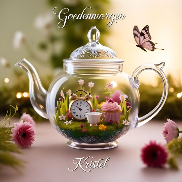 Photo teapot adorned with intricate floral designs acts as a glass enclosure for a miniature scene