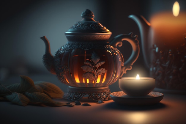 A teapot and a candle are lit up in a dark room.