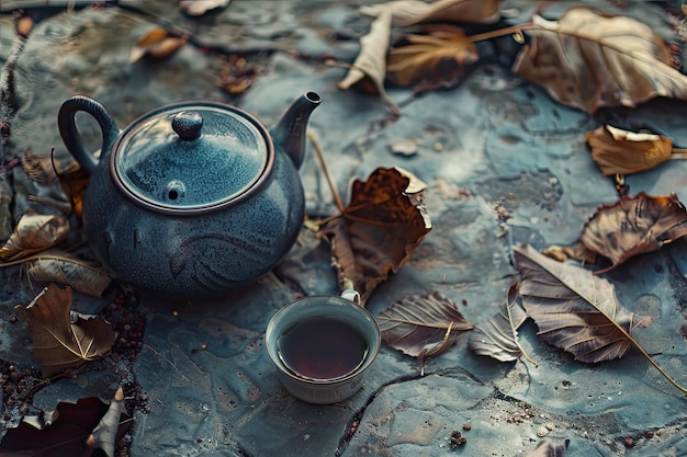 Photo a teapot and a cup of tea on the ground