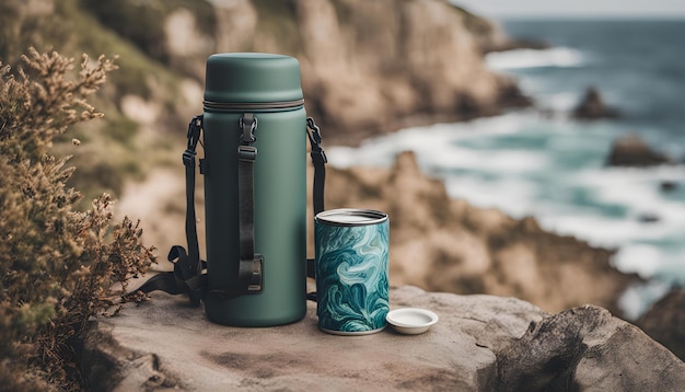 a teapot and a cup of tea sit on a rock overlooking the ocean