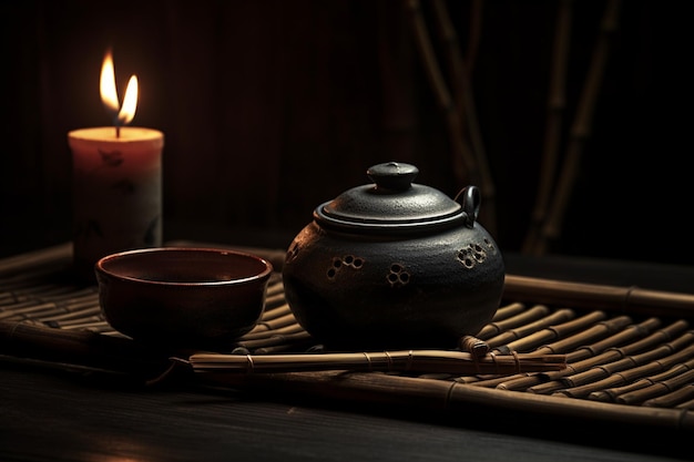 A teapot and a cup of tea sit on a table next to a candle.