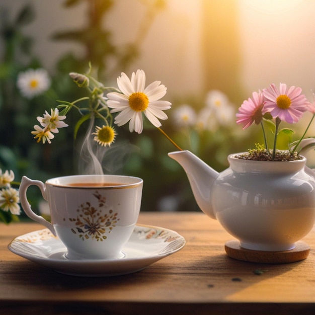 a teapot and a cup of tea on a table with daisies in the background