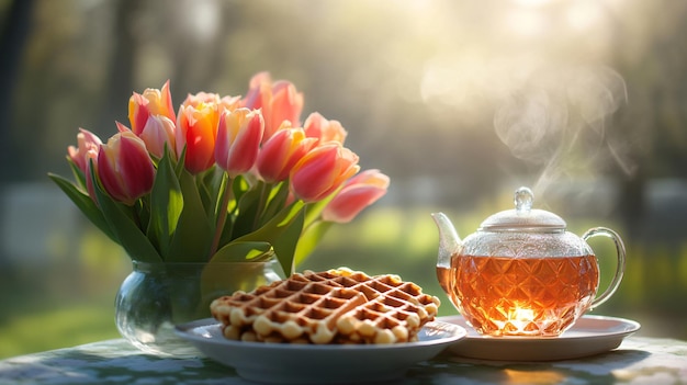 a teapot and a cup of tea with a teapot and flowers in the background