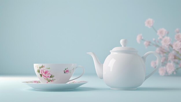 A teapot and cup with floral design on a blue background with a bouquet of flowers