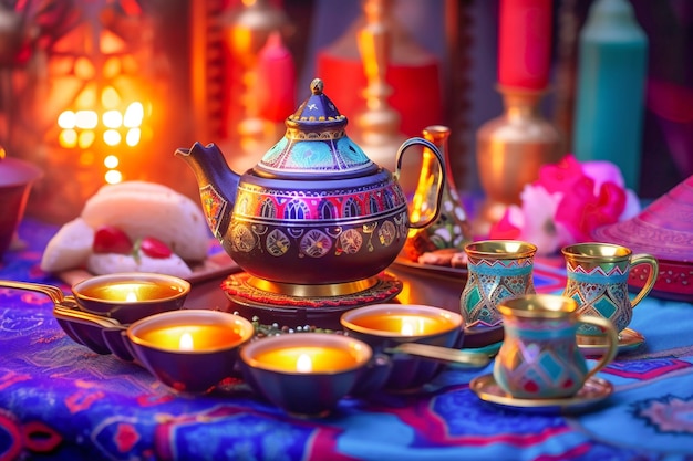 A teapot and cups are on a table with a colorful tablecloth.