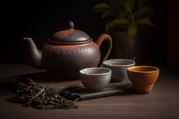 A teapot and cups of tea sit on a wooden table.