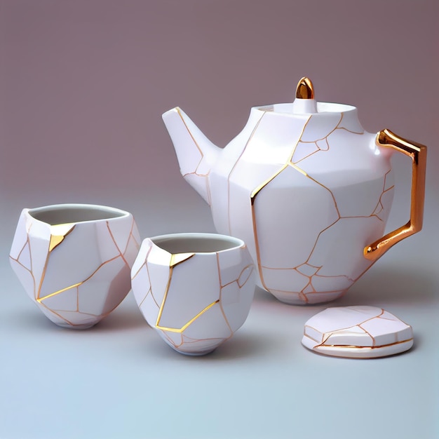 A teapot and cups with gold and white gold on the side.