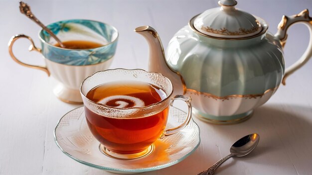 Teapot and glass of tea with sugar