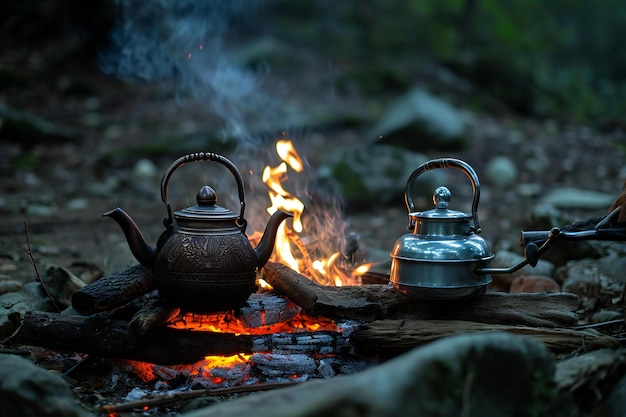 Teapot and kettle on the fire in the forest at night