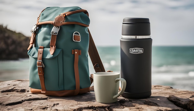 a teapot and a mug are on a rock next to a cup of coffee