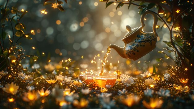 Photo teapot pouring into cup with sparkling stars in a garden