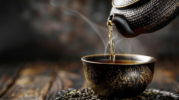 Teapot pouring tea into cup ritual closeup image