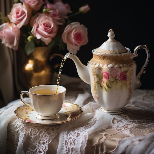 A teapot pouring tea into a porcelain cup with a lace tablecloth