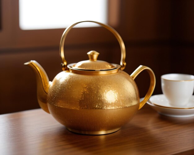 A teapot sits on a table next to a tea cup.