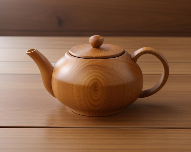 A teapot sits on a wooden surface.