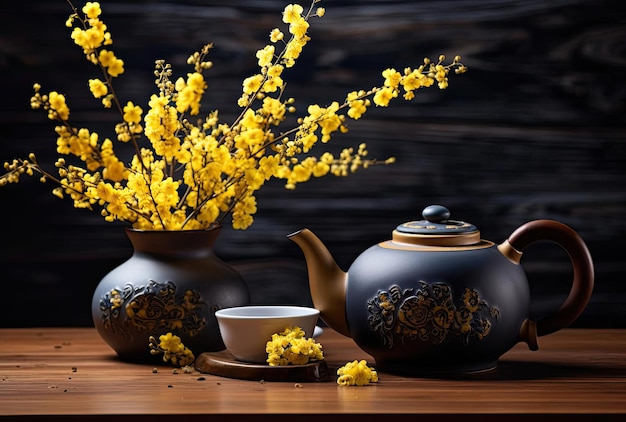 a teapot sits on a wooden table with yellow flowers in the style of gongbi