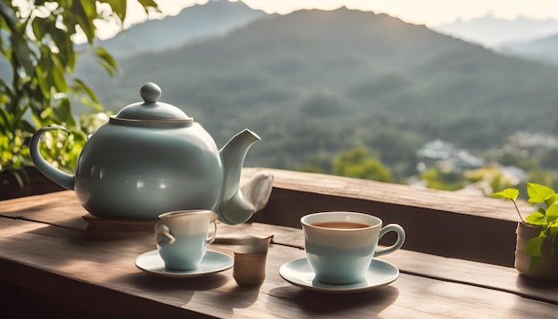 a teapot and teapot sit on a table outside