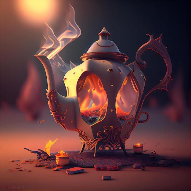 Teapot with a burning flame on a dark background 3d rendering