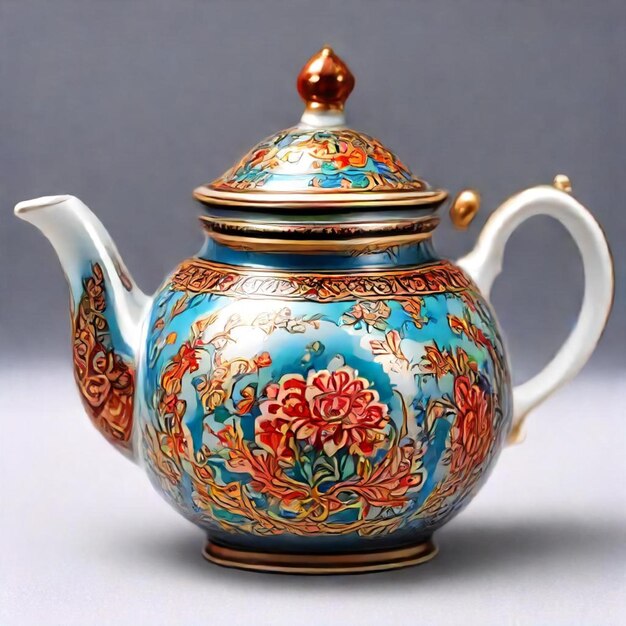 a teapot with a floral design on the front and the word   on the bottom