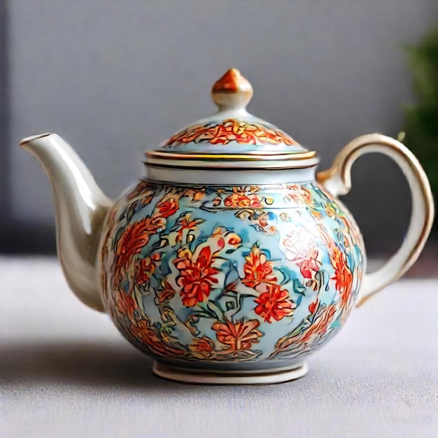 a teapot with a floral pattern on it sits on a table