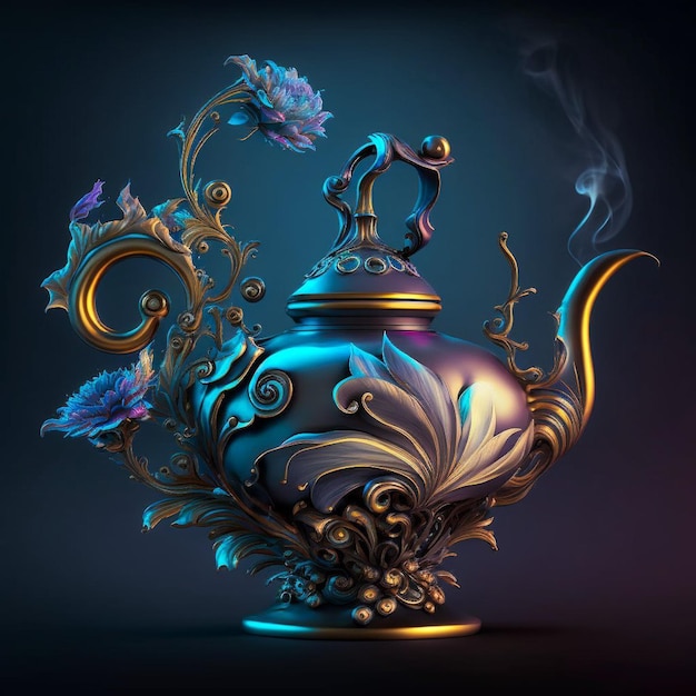 A teapot with a flower on it is lit up with a blue background.