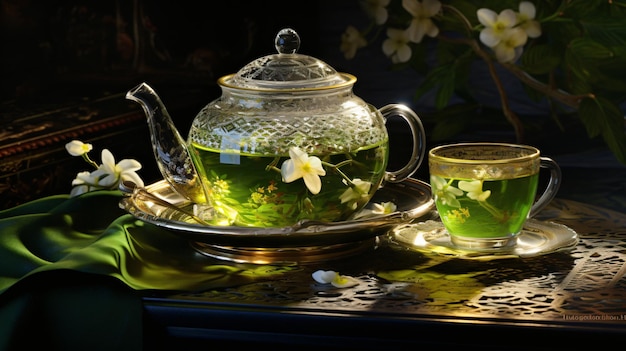 a teapot with a flower on it sits on a table