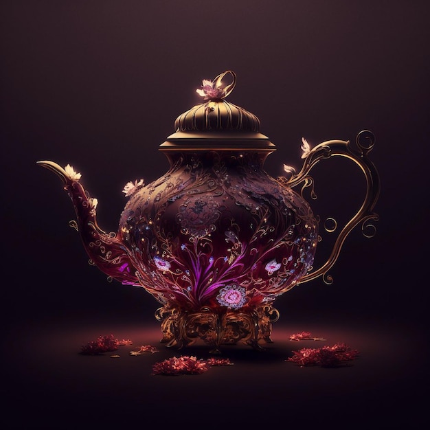 A teapot with a flower on it that says " love ".