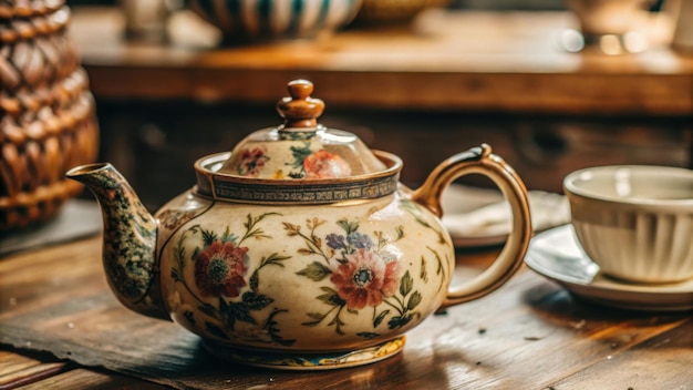 Photo a teapot with flowers on it sits on a wooden table