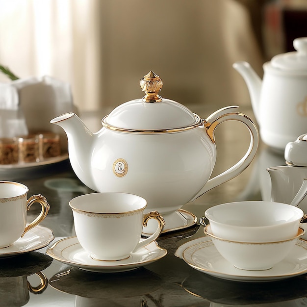 a teapot with a gold top sits on a table with tea cups and saucers