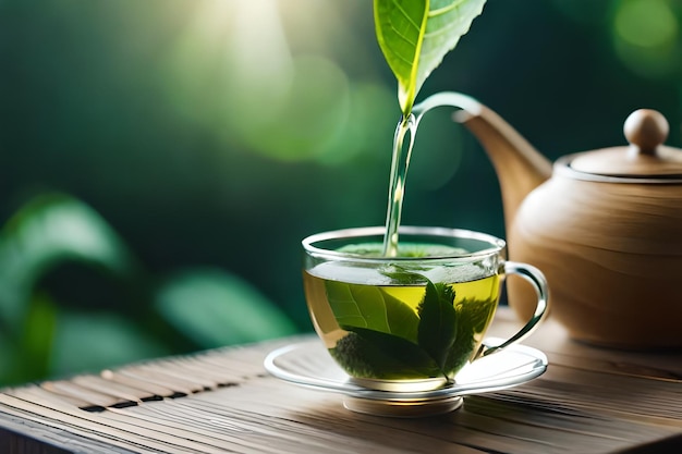 a teapot with a green tea leaves on a wooden table.