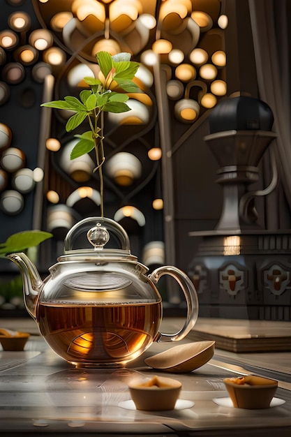 A teapot with a plant in it sits on a table in front of a window with a lamp behind it.