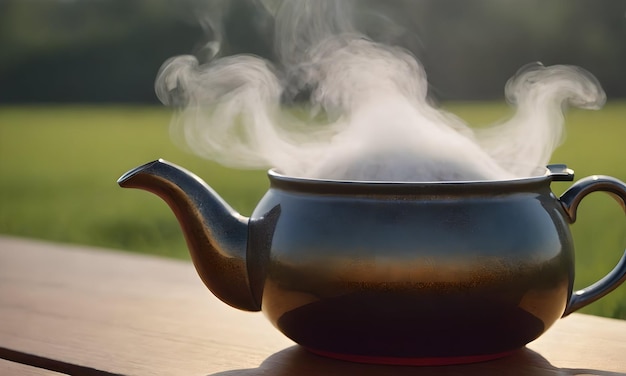 Photo a teapot with steam coming out of it is sitting on a table