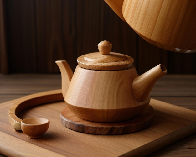 A teapot and wooden spoon on a wooden stand.