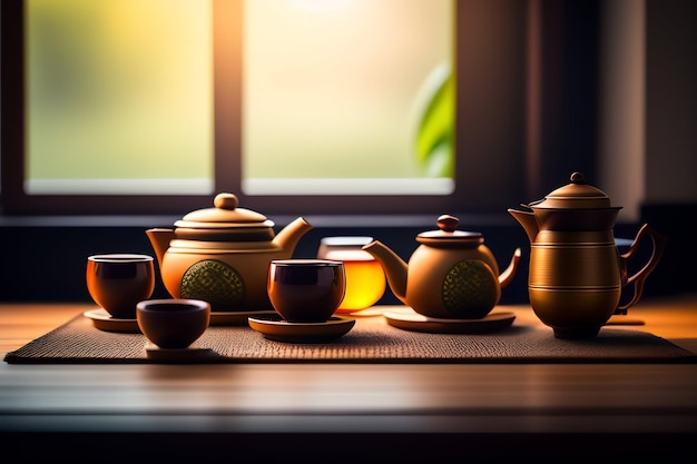 Teapots and cups on a table with a window in the background