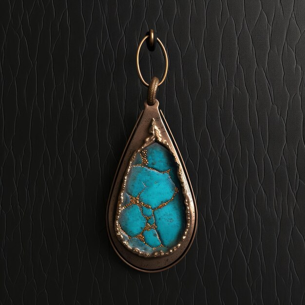 Teardrop pendant with blue and gold resin on black background