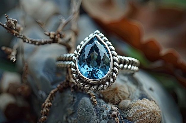 Photo teardrop shape blue topaz silver gemstone ring